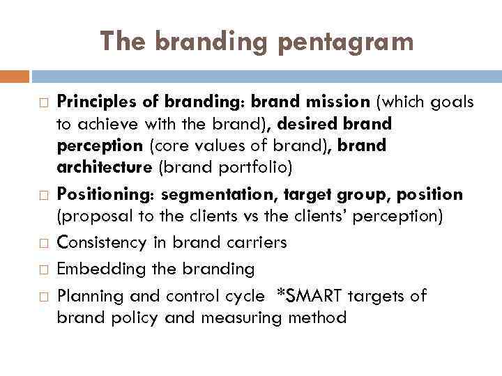 The branding pentagram Principles of branding: brand mission (which goals to achieve with the