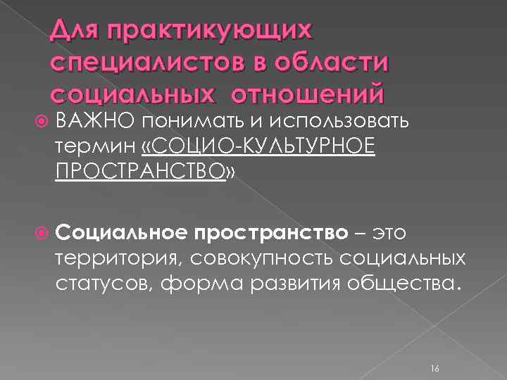 Для практикующих специалистов в области социальных отношений ВАЖНО понимать и использовать термин «СОЦИО-КУЛЬТУРНОЕ ПРОСТРАНСТВО»