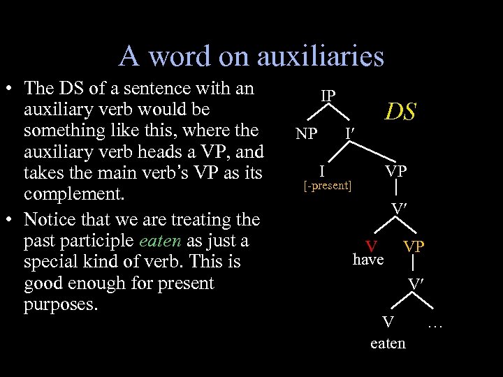 A word on auxiliaries • The DS of a sentence with an auxiliary verb