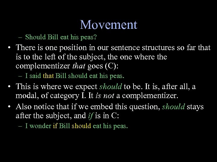Movement – Should Bill eat his peas? • There is one position in our