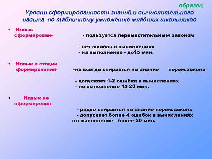 образец Уровни сформированности знаний и вычислительного навыка по табличному умножению младших школьников • Навык