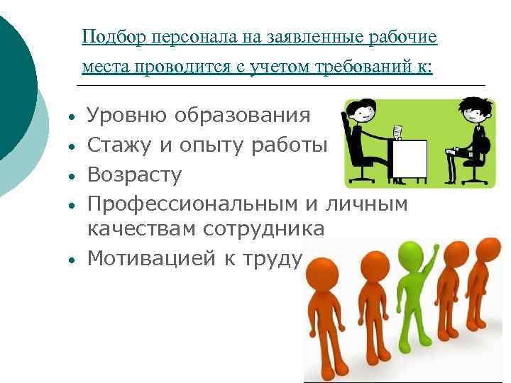 Подбор персонала на заявленные рабочие места проводится с учетом требований к: • • •