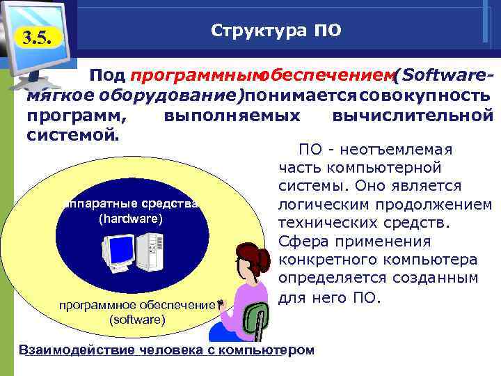 Структура ПО 3. 5. Под программным обеспечением (Softwareмягкое оборудование) онимается совокупность п программ, выполняемых