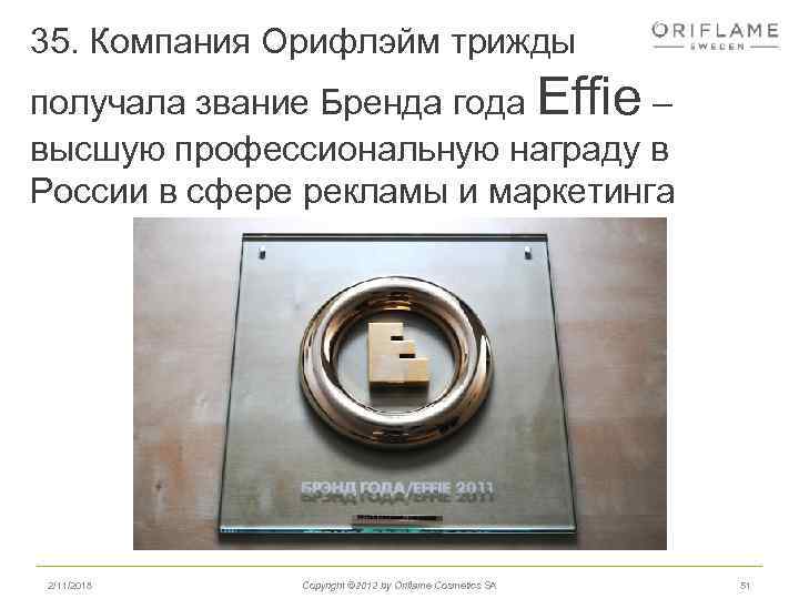 35. Компания Орифлэйм трижды получала звание Бренда года Effie – высшую профессиональную награду в