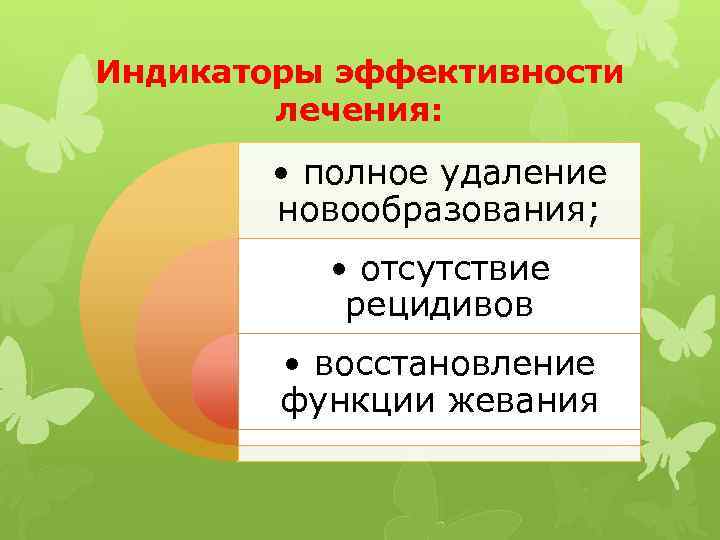Индикаторы эффективности лечения: • полное удаление новообразования; • отсутствие рецидивов • восстановление функции жевания