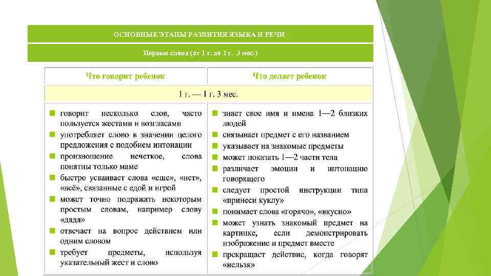 ОСНОВНЫЕ ЭТАПЫ РАЗВИТИЯ ЯЗЫКА И РЕЧИ 1 Первые слова (от 1 г. до 1