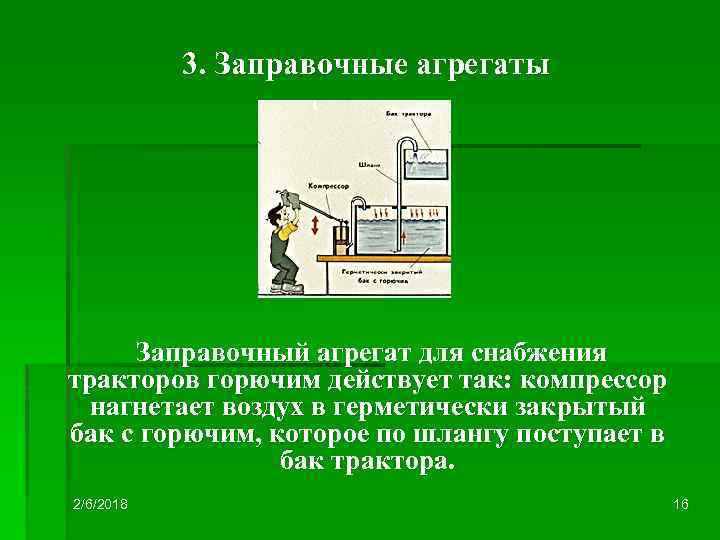 3. Заправочные агрегаты Заправочный агрегат для снабжения тракторов горючим действует так: компрессор нагнетает воздух