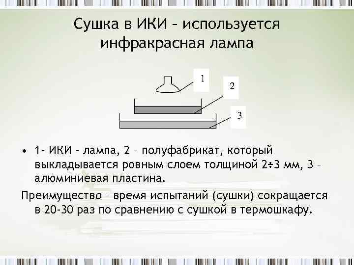 Сушка в ИКИ – используется инфракрасная лампа • 1 - ИКИ - лампа, 2