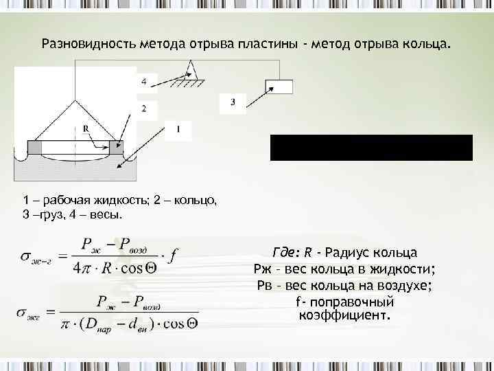 Масса пластинки. Коэффициент поверхностного натяжения методом отрыва кольца. Поверхностное натяжение методом отрыва кольца. Измерение поверхностного натяжения методом отрыва кольца. Формула для метода отрыва кольца.