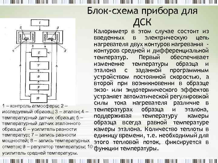 Блок-схема прибора для ДСК Калориметр в этом случае состоит из введенных в электрическую цепь