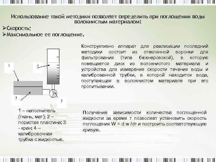 Использование такой методики позволяет определить при поглощении воды волокнистым материалом: ØСкорость; ØМаксимальное ее поглощение.