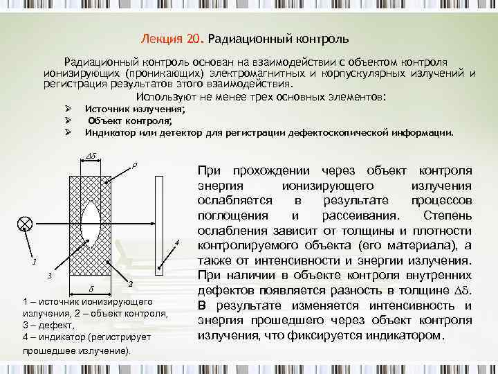 Лекция 20. Радиационный контроль основан на взаимодействии с объектом контроля ионизирующих (проникающих) электромагнитных и