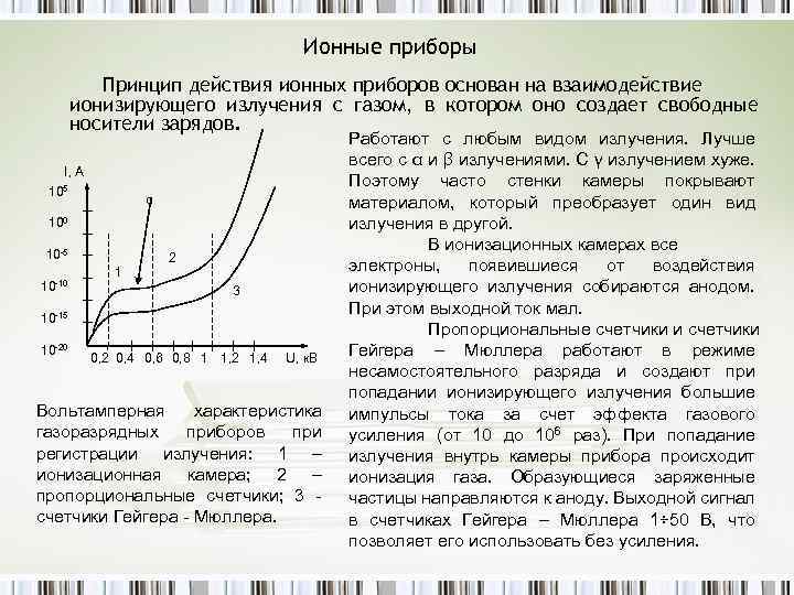 Ионные приборы Принцип действия ионных приборов основан на взаимодействие ионизирующего излучения с газом, в