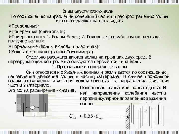 Виды акустических волн По соотношению направлений колебаний частиц и распространению волны их подразделяют на