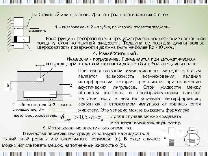 3. Струйный или щелевой. Для контроля вертикальных стенок 1 – пьезоэлемент; 2 – трубка,