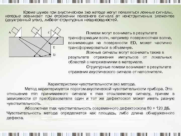 Кроме шумов при акустическом эхо методе могут появляться ложные сигналы, которые возникают при отражении