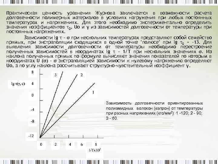 Практическая ценность уравнения Журкова заключается в возможности расчета долговечности полимерных материалов в условиях нагружения