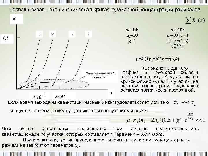 Первая кривая – это кинетическая кривая суммарной концентрации радикалов – n 0=102 nк=10 g=1