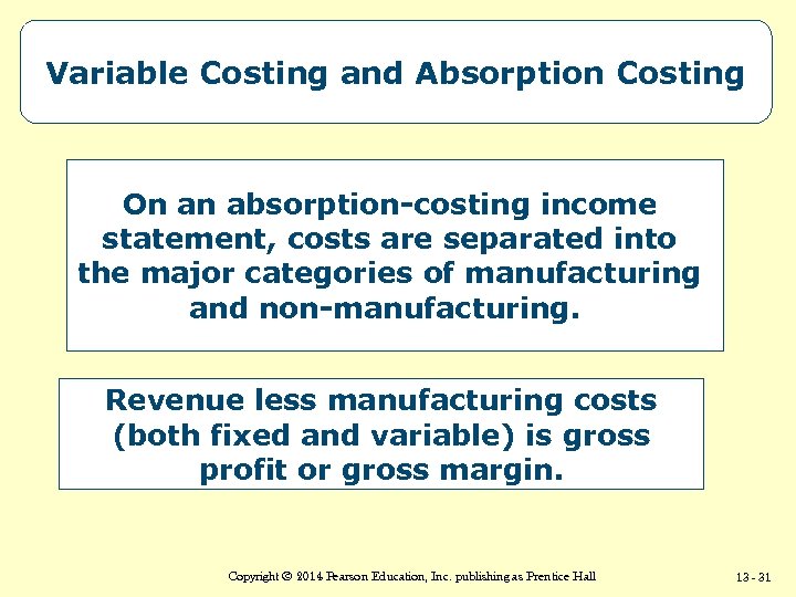 Variable Costing and Absorption Costing On an absorption-costing income statement, costs are separated into