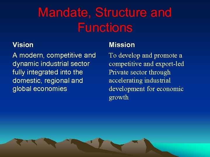 Mandate, Structure and Functions Vision A modern, competitive and dynamic industrial sector fully integrated
