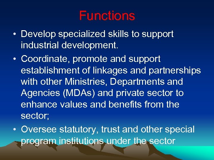 Functions • Develop specialized skills to support industrial development. • Coordinate, promote and support