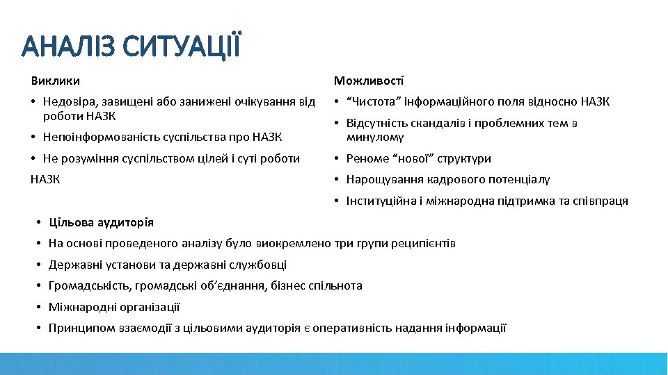 АНАЛІЗ СИТУАЦІЇ Виклики Можливості • Недовіра, завищені або занижені очікування від роботи НАЗК •