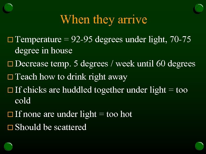 When they arrive o Temperature = 92 -95 degrees under light, 70 -75 degree