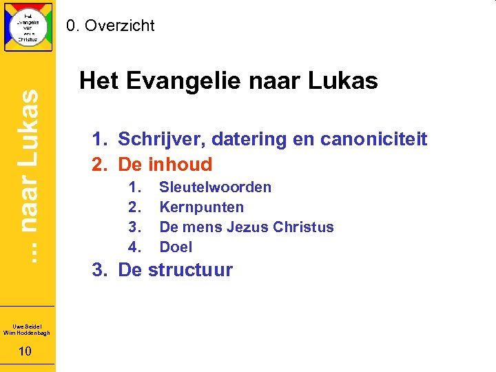 0. Overzicht Het Evangelie naar Lukas 1. Schrijver, datering en canoniciteit 2. De inhoud