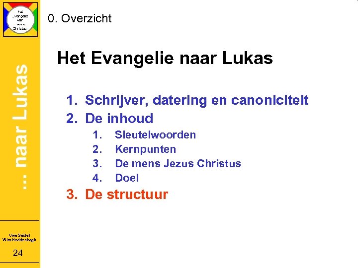 0. Overzicht Het Evangelie naar Lukas 1. Schrijver, datering en canoniciteit 2. De inhoud