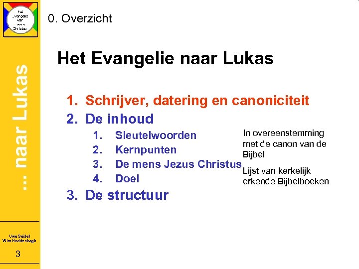 0. Overzicht Het Evangelie naar Lukas 1. Schrijver, datering en canoniciteit 2. De inhoud