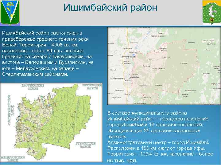 Ишимбайский район расположен в правобережье среднего течения реки Белой. Территория – 4006 кв. км,