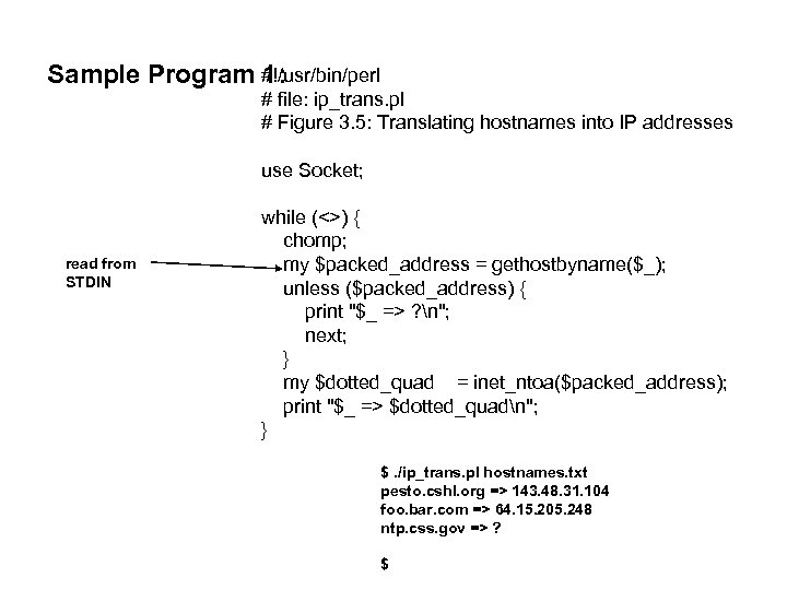 Sample Program #!/usr/bin/perl 1: # file: ip_trans. pl # Figure 3. 5: Translating hostnames