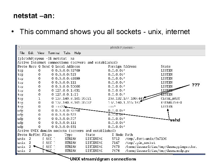 netstat –an: • This command shows you all sockets - unix, internet ? ?