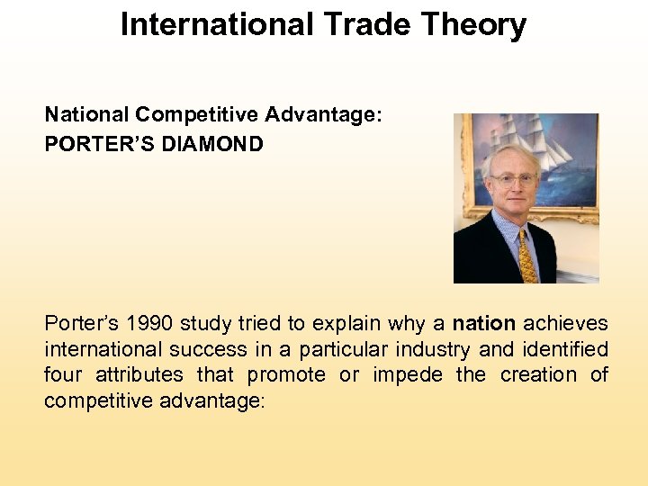 International Trade Theory National Competitive Advantage: PORTER’S DIAMOND Porter’s 1990 study tried to explain