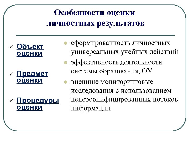 Особенности оценки личностных результатов ü Объект оценки l l ü ü Предмет оценки Процедуры