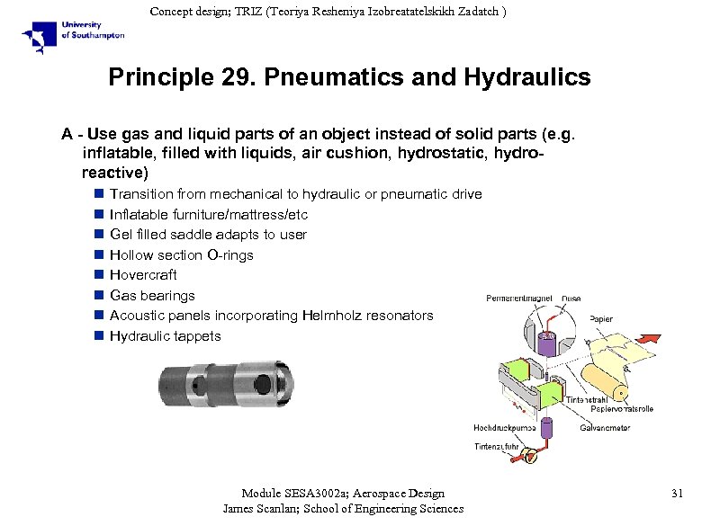 Concept design; TRIZ (Teoriya Resheniya Izobreatatelskikh Zadatch ) Principle 29. Pneumatics and Hydraulics A