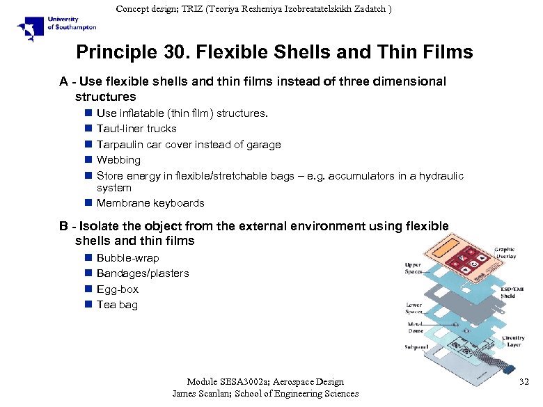 Concept design; TRIZ (Teoriya Resheniya Izobreatatelskikh Zadatch ) Principle 30. Flexible Shells and Thin