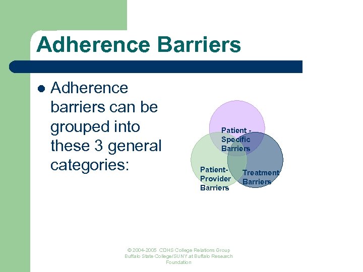 Adherence Barriers l Adherence barriers can be grouped into these 3 general categories: Patient