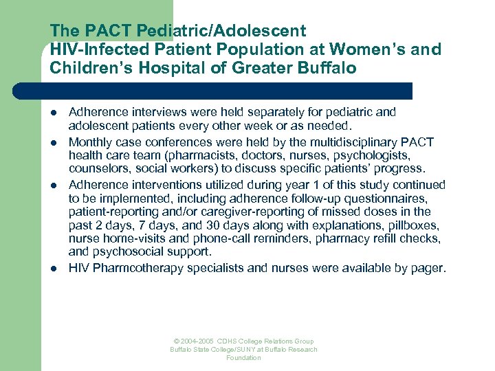 The PACT Pediatric/Adolescent HIV-Infected Patient Population at Women’s and Children’s Hospital of Greater Buffalo