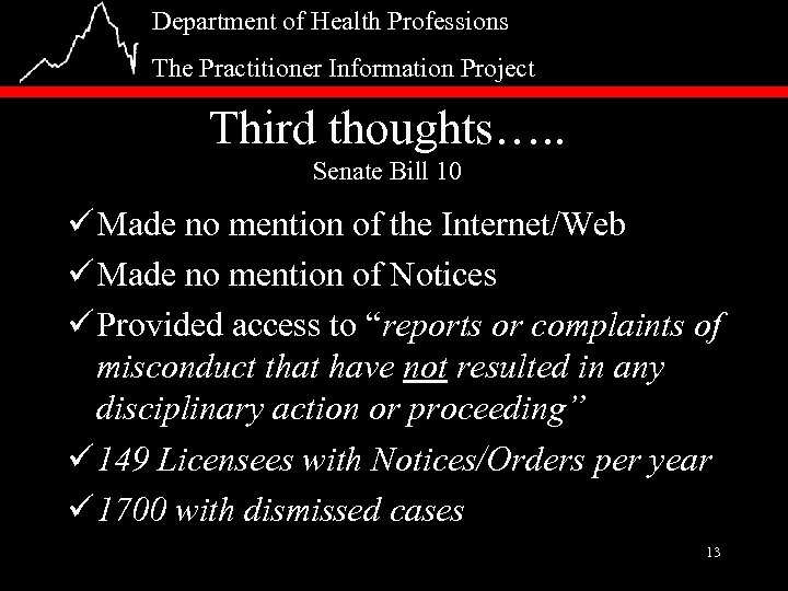 Department of Health Professions The Practitioner Information Project Third thoughts…. . Senate Bill 10