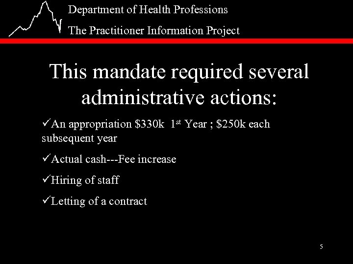 Department of Health Professions The Practitioner Information Project This mandate required several administrative actions: