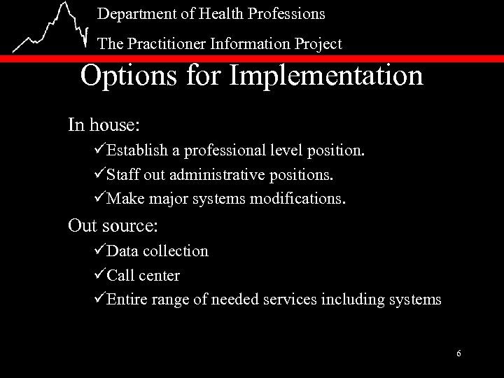 Department of Health Professions The Practitioner Information Project Options for Implementation In house: üEstablish