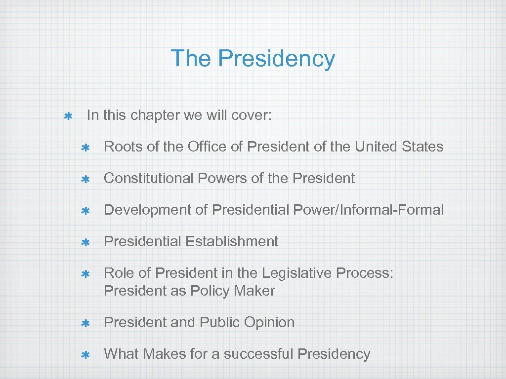 The Presidency In this chapter we will cover: Roots of the Office of President