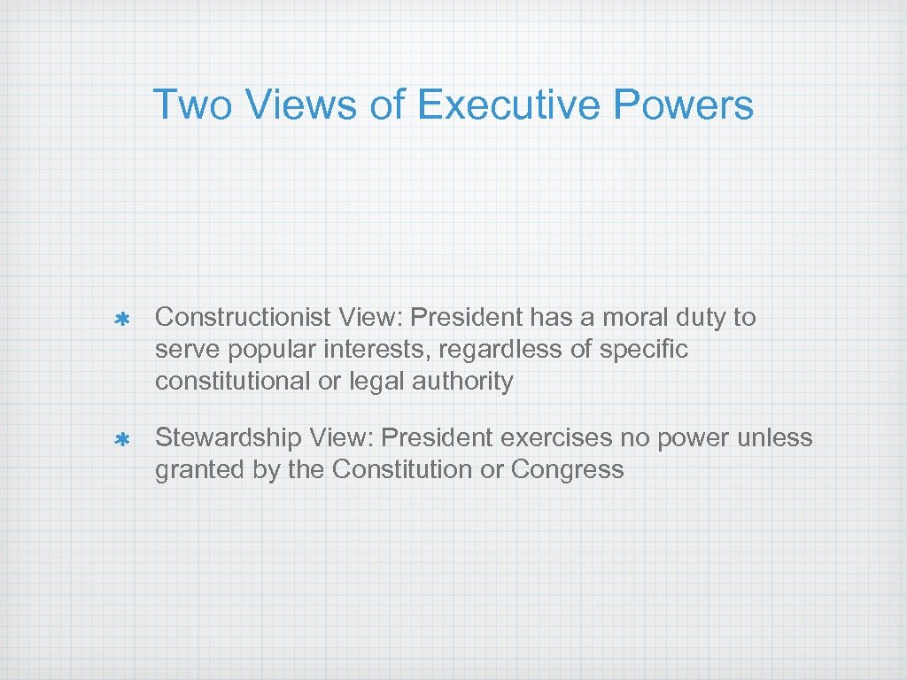 Two Views of Executive Powers Constructionist View: President has a moral duty to serve