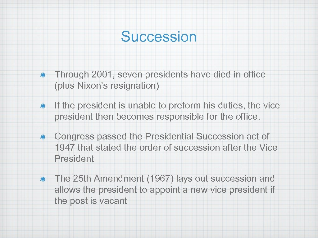 Succession Through 2001, seven presidents have died in office (plus Nixon’s resignation) If the