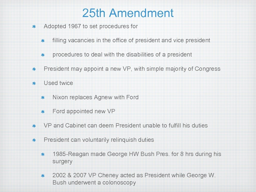 25 th Amendment Adopted 1967 to set procedures for filling vacancies in the office