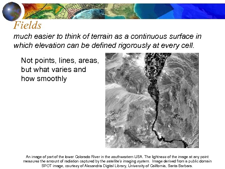 Fields much easier to think of terrain as a continuous surface in which elevation