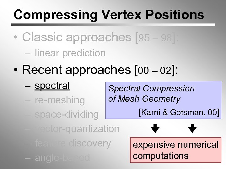 Compressing Vertex Positions • Classic approaches [95 – 98]: – linear prediction • Recent