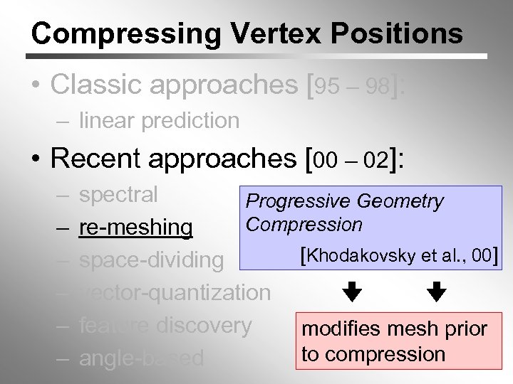 Compressing Vertex Positions • Classic approaches [95 – 98]: – linear prediction • Recent