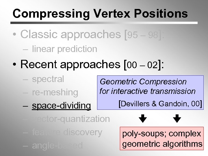 Compressing Vertex Positions • Classic approaches [95 – 98]: – linear prediction • Recent